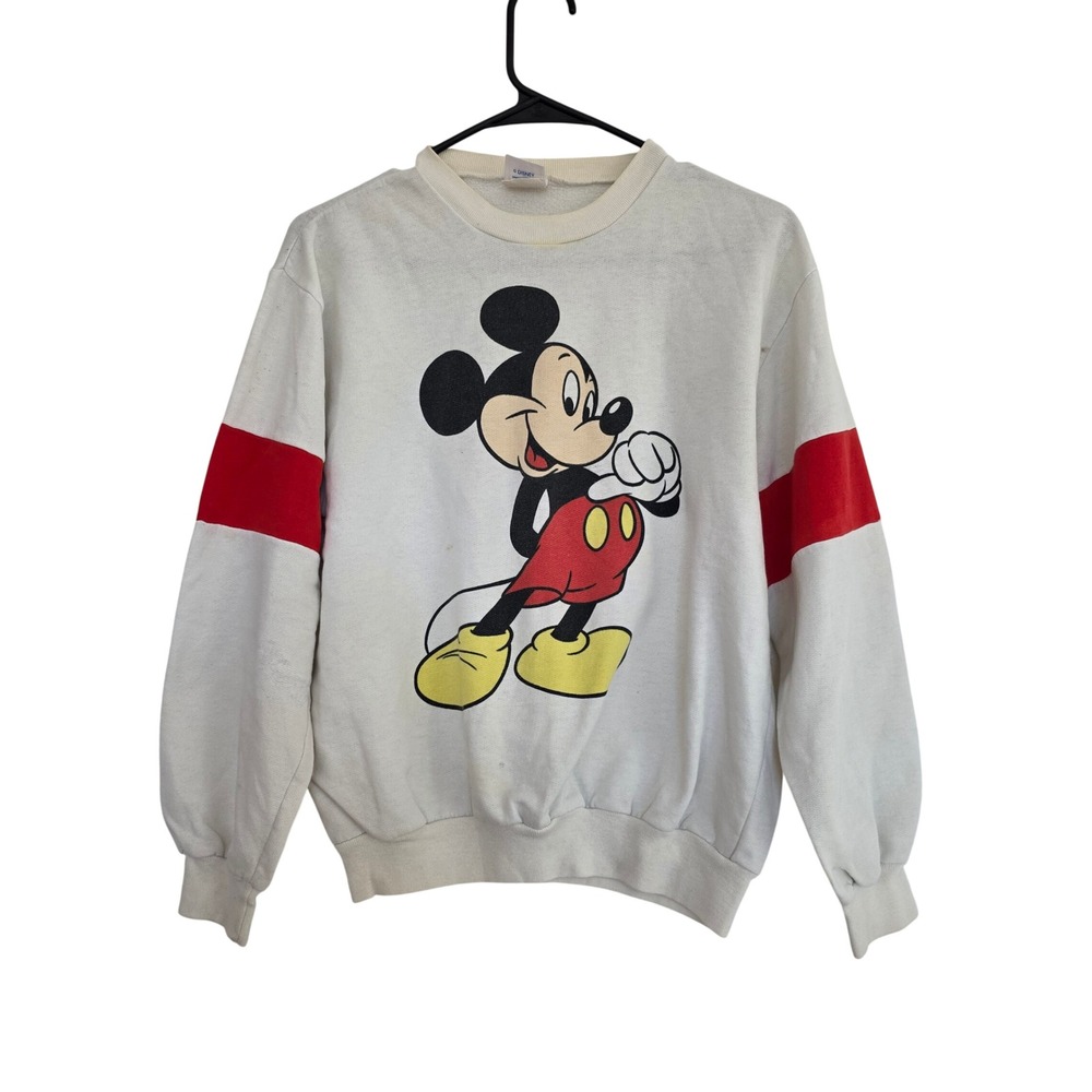 Vintage Disney Wear Mickey Mouse Sweatshirt Off White Red Sleeve Stripe Mens L